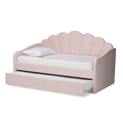 Light Pink Velvet Fabric Upholstered Full Size Daybed with Trundle