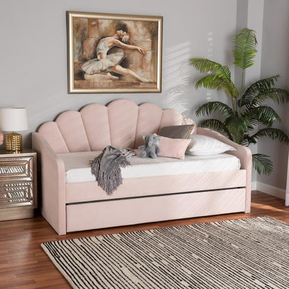 Light Pink Velvet Fabric Upholstered Full Size Daybed with Trundle