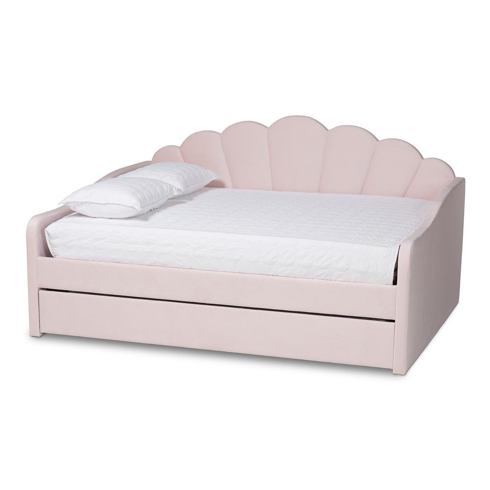 Light Pink Velvet Fabric Upholstered Queen Size Daybed with Trundle