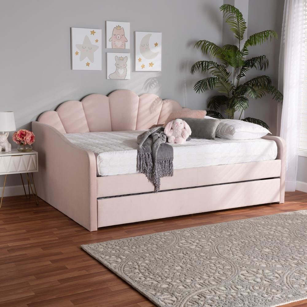 Light Pink Velvet Fabric Upholstered Queen Size Daybed with Trundle