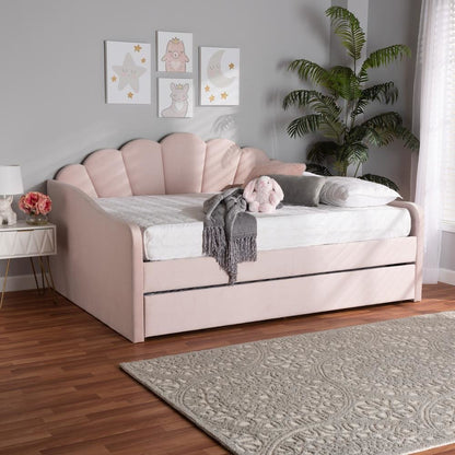 Light Pink Velvet Fabric Upholstered Queen Size Daybed with Trundle