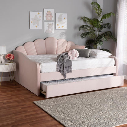Light Pink Velvet Fabric Upholstered Queen Size Daybed with Trundle