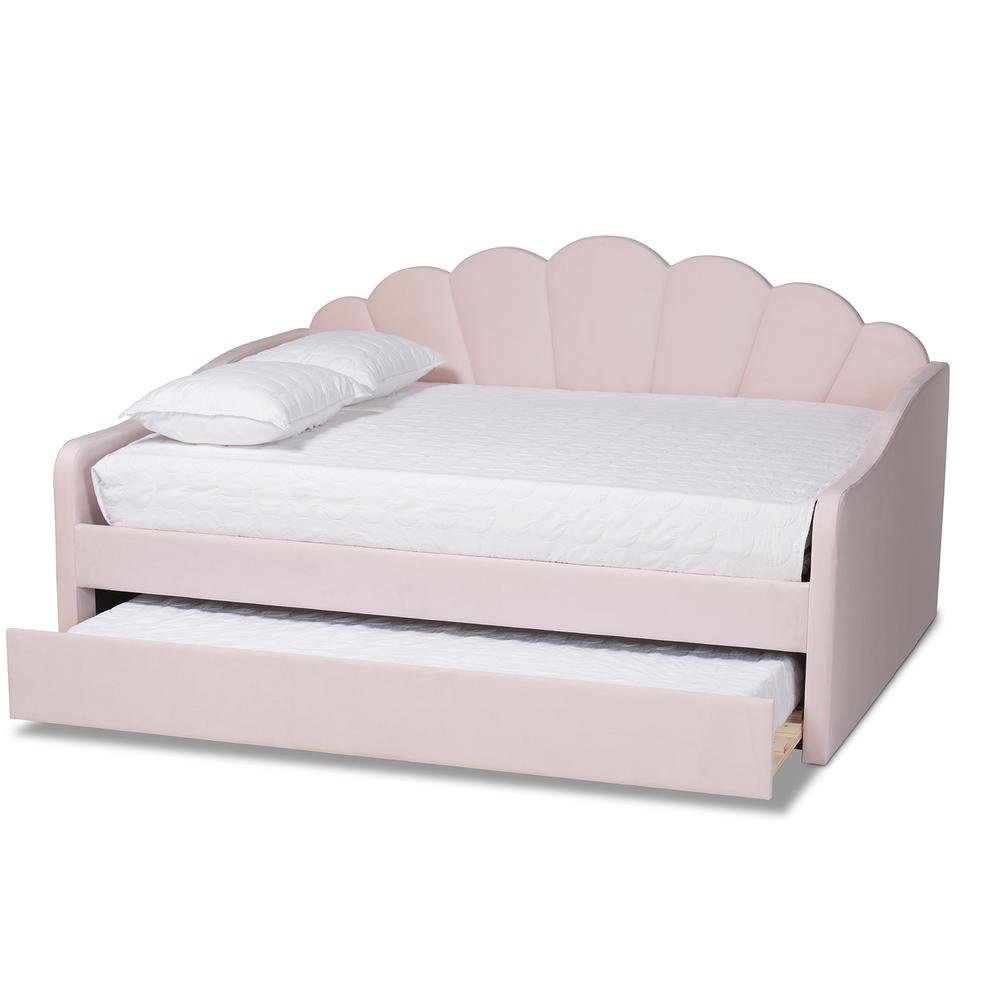 Light Pink Velvet Fabric Upholstered Queen Size Daybed with Trundle