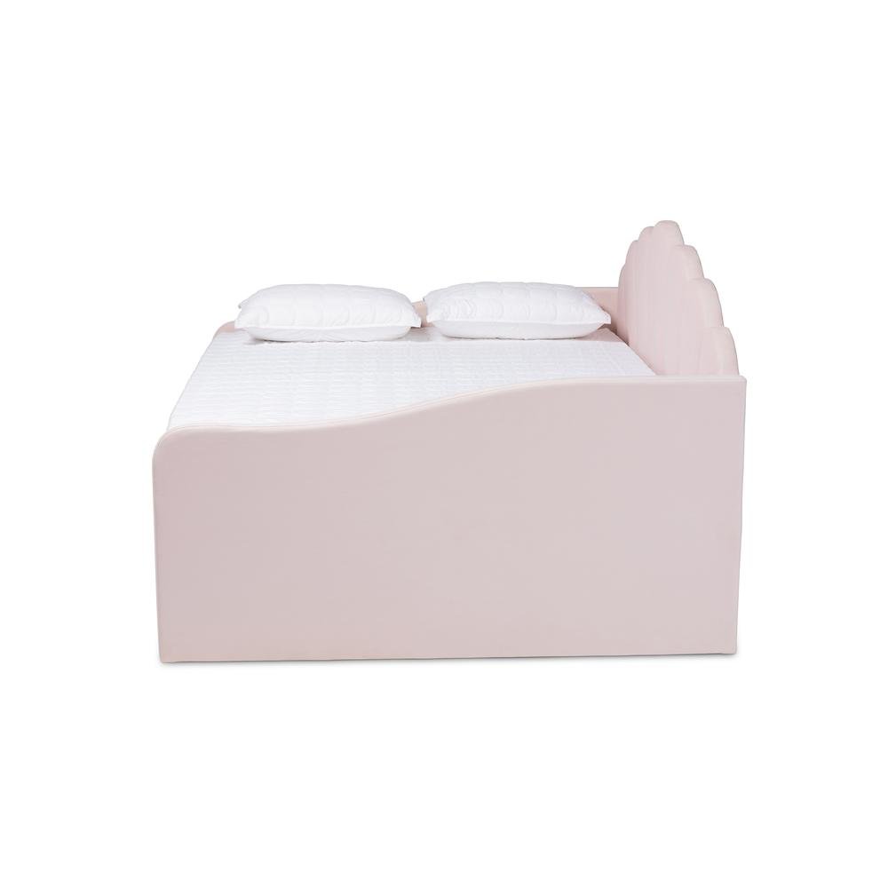 Light Pink Velvet Fabric Upholstered Queen Size Daybed with Trundle