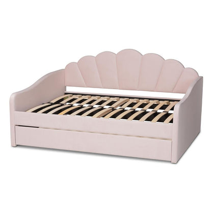 Light Pink Velvet Fabric Upholstered Queen Size Daybed with Trundle