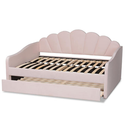 Light Pink Velvet Fabric Upholstered Queen Size Daybed with Trundle