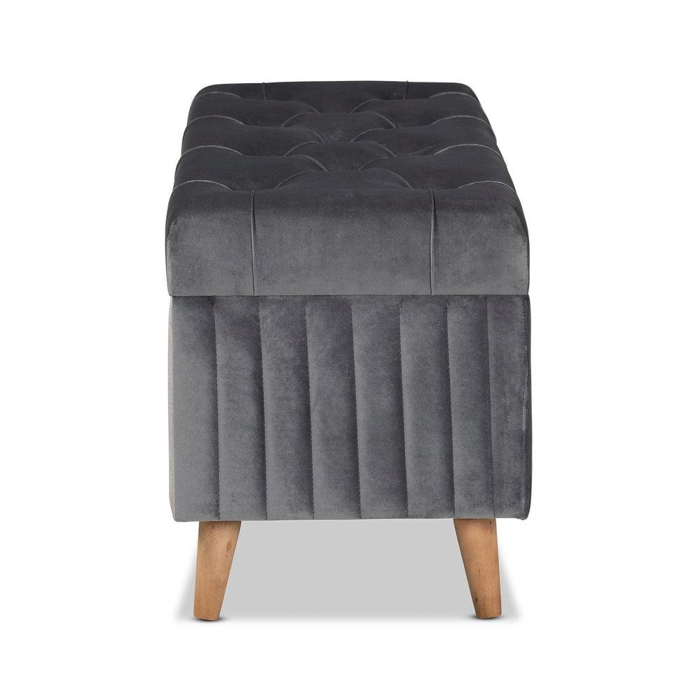 Grey Velvet Fabric Upholstered and Walnut Brown Finished Wood Storage Ottoman