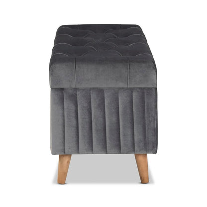Grey Velvet Fabric Upholstered and Walnut Brown Finished Wood Storage Ottoman