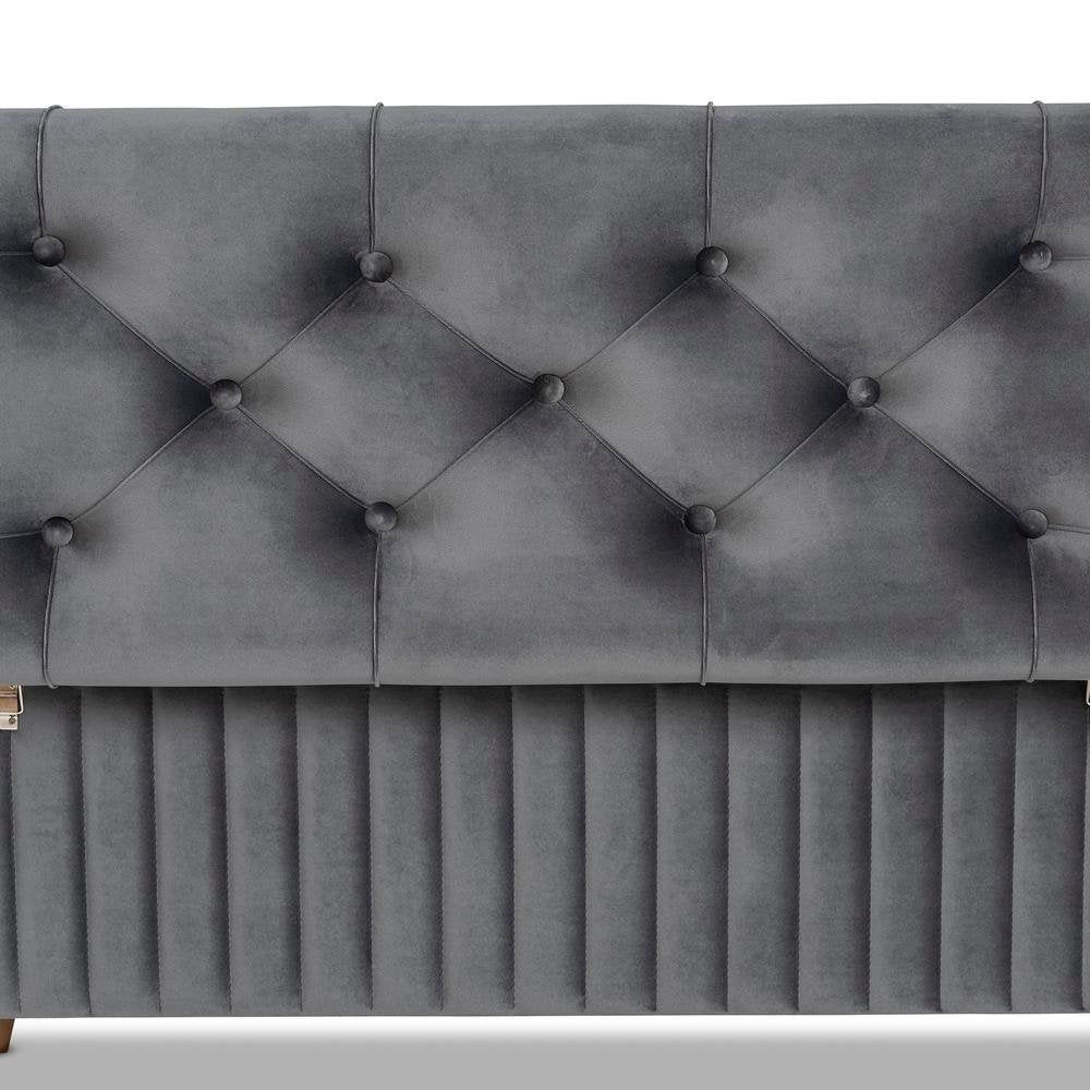 Grey Velvet Fabric Upholstered and Walnut Brown Finished Wood Storage Ottoman