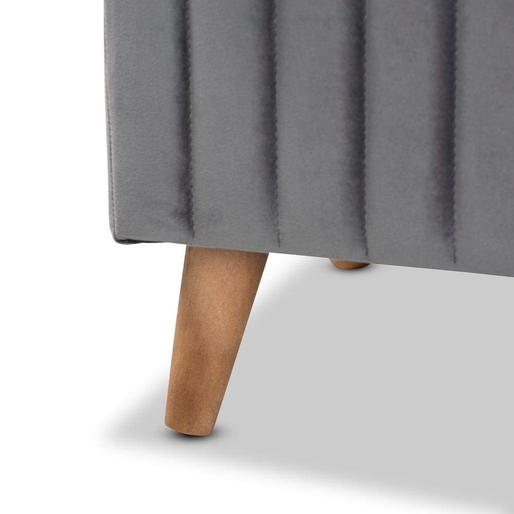 Grey Velvet Fabric Upholstered and Walnut Brown Finished Wood Storage Ottoman