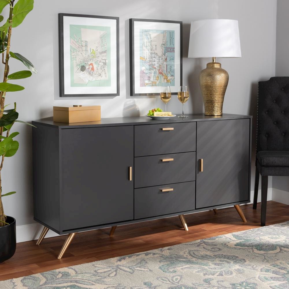 Dark Grey and Gold Finished Wood 2-Door Sideboard Buffet