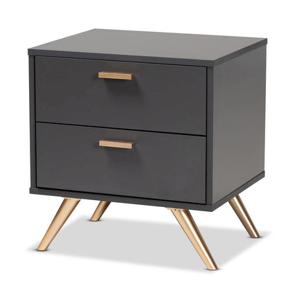 Dark Grey and Gold Finished Wood 2-Drawer Nightstand