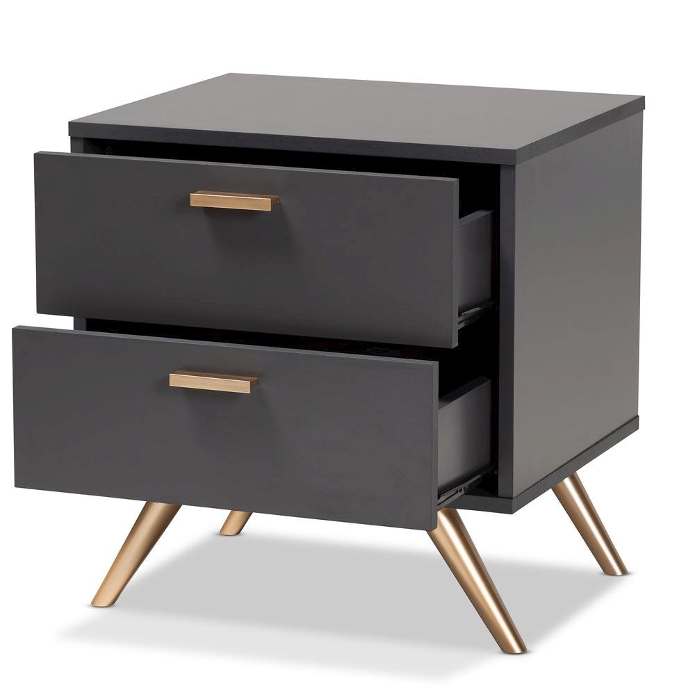 Dark Grey and Gold Finished Wood 2-Drawer Nightstand