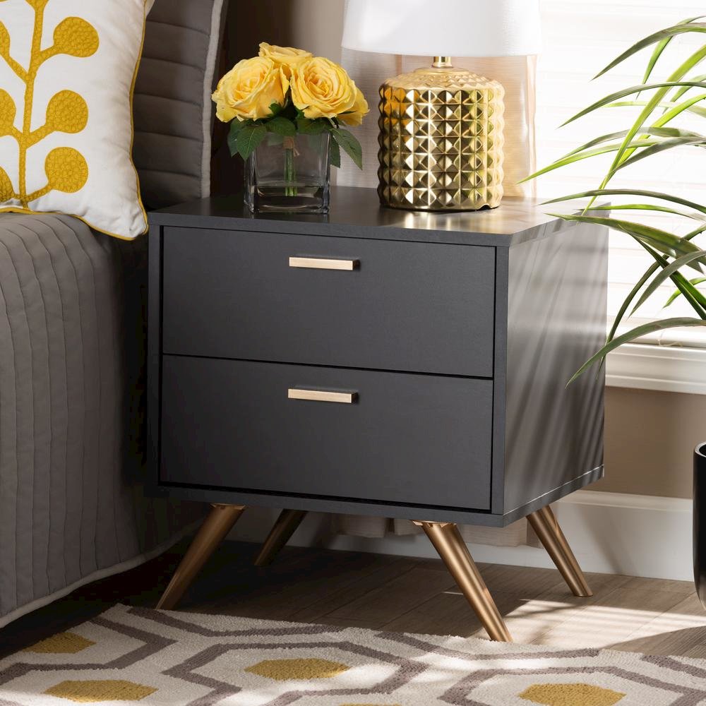 Dark Grey and Gold Finished Wood 2-Drawer Nightstand