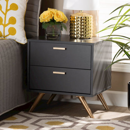 Dark Grey and Gold Finished Wood 2-Drawer Nightstand