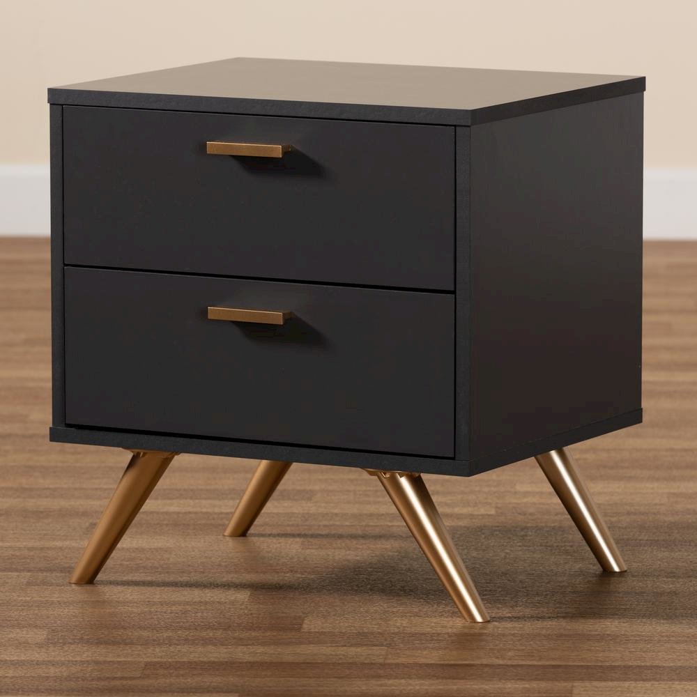 Dark Grey and Gold Finished Wood 2-Drawer Nightstand