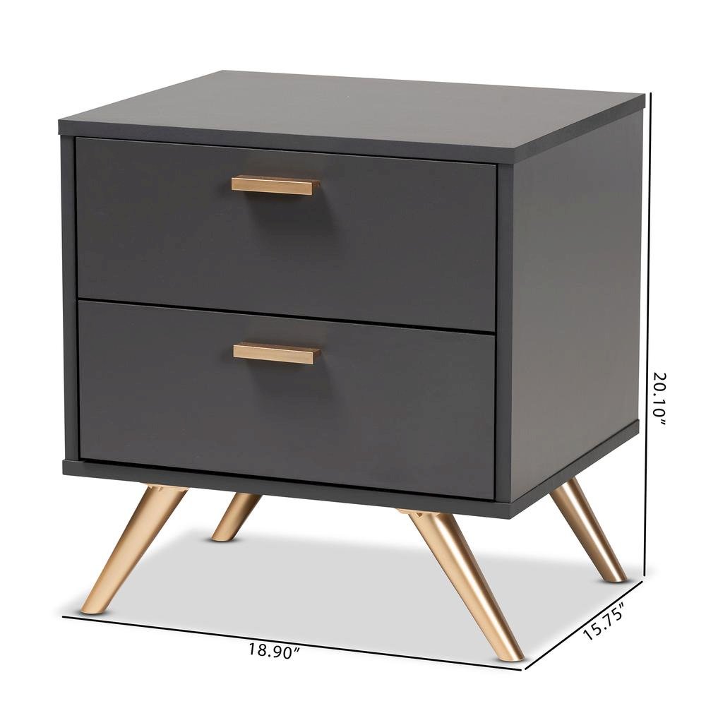 Dark Grey and Gold Finished Wood 2-Drawer Nightstand