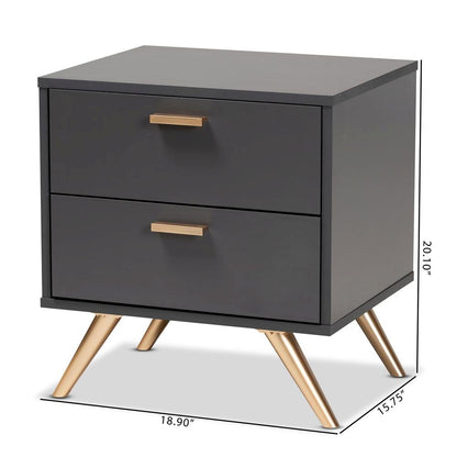 Dark Grey and Gold Finished Wood 2-Drawer Nightstand