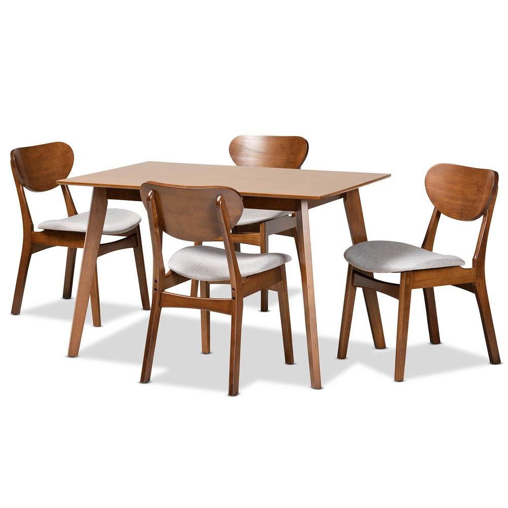 Grey Fabric Upholstered and Walnut Brown Finished Wood 5-Piece Dining Set