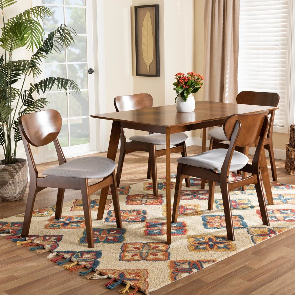 Grey Fabric Upholstered and Walnut Brown Finished Wood 5-Piece Dining Set
