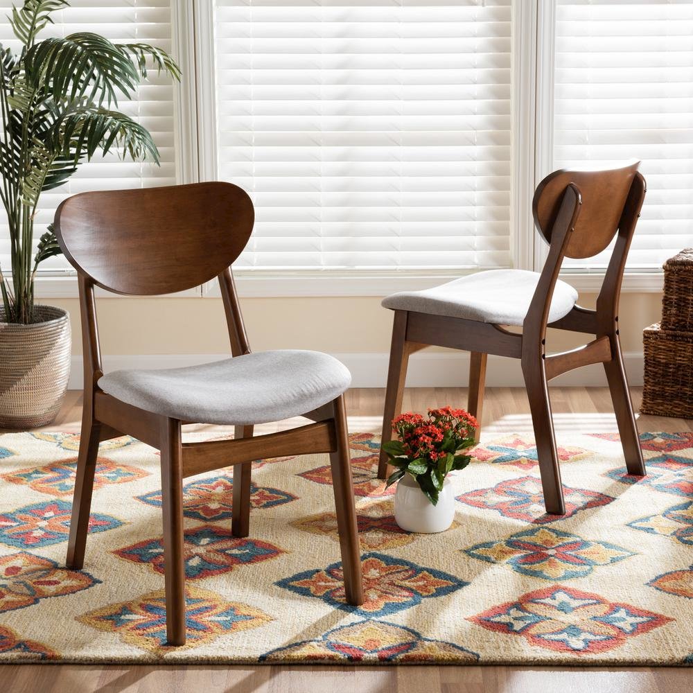 Grey Fabric Upholstered and Walnut Brown Finished Wood 2-Piece Dining Chair Set