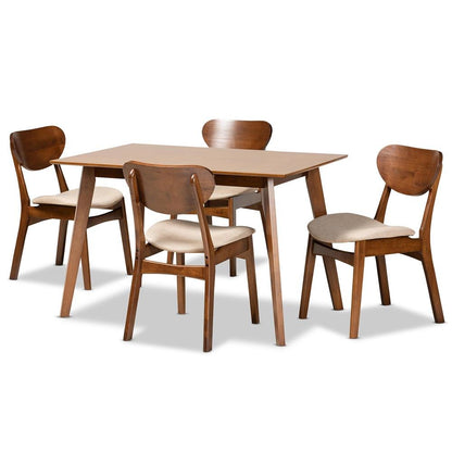 Sand Fabric Upholstered and Walnut Brown Finished Wood 5-Piece Dining Set