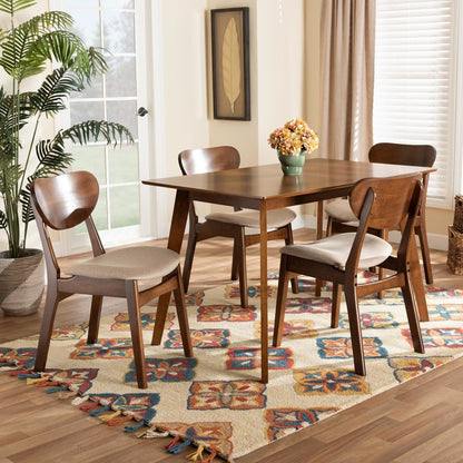 Sand Fabric Upholstered and Walnut Brown Finished Wood 5-Piece Dining Set