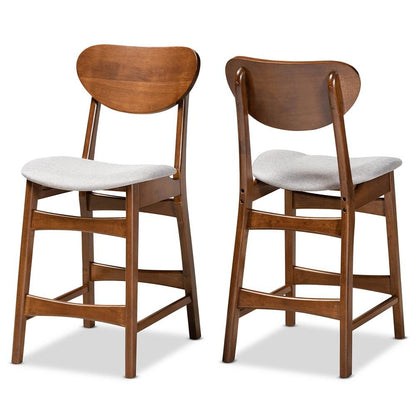 Grey Fabric Upholstered and Walnut Brown Finished Wood 2-Piece Counter Stool Set