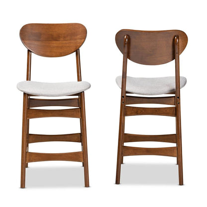 Grey Fabric Upholstered and Walnut Brown Finished Wood 2-Piece Counter Stool Set