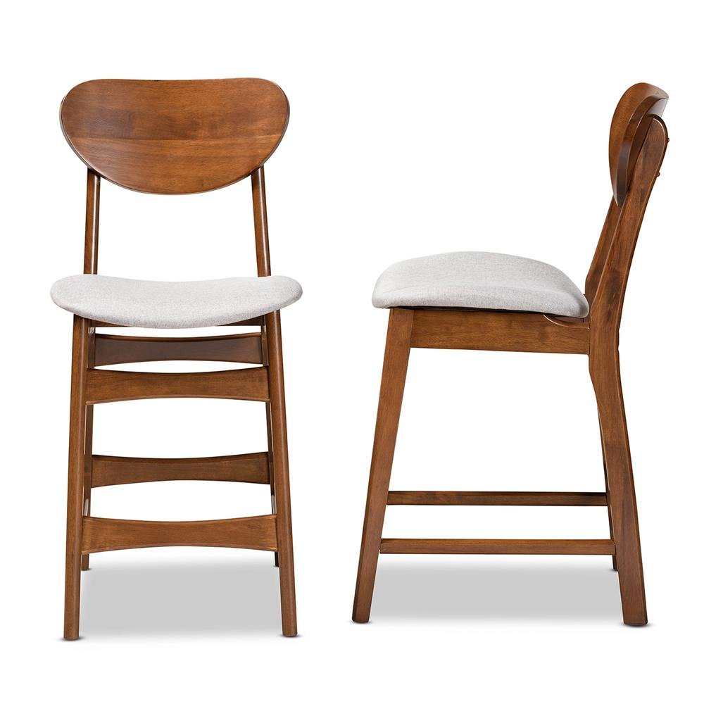 Grey Fabric Upholstered and Walnut Brown Finished Wood 2-Piece Counter Stool Set