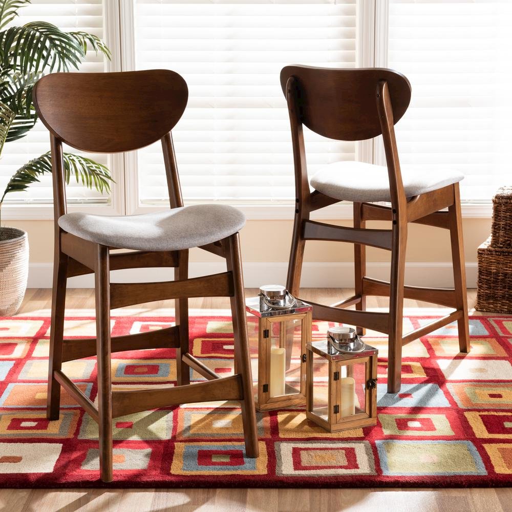 Grey Fabric Upholstered and Walnut Brown Finished Wood 2-Piece Counter Stool Set