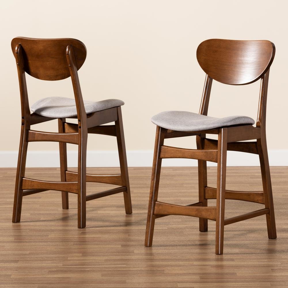 Grey Fabric Upholstered and Walnut Brown Finished Wood 2-Piece Counter Stool Set