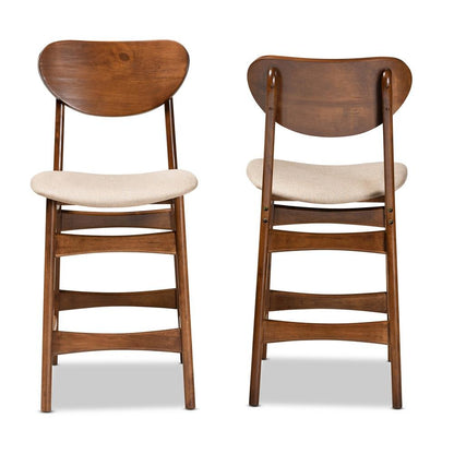 Sand Fabric Upholstered and Walnut Brown Finished Wood 2-Piece Counter Stool Set
