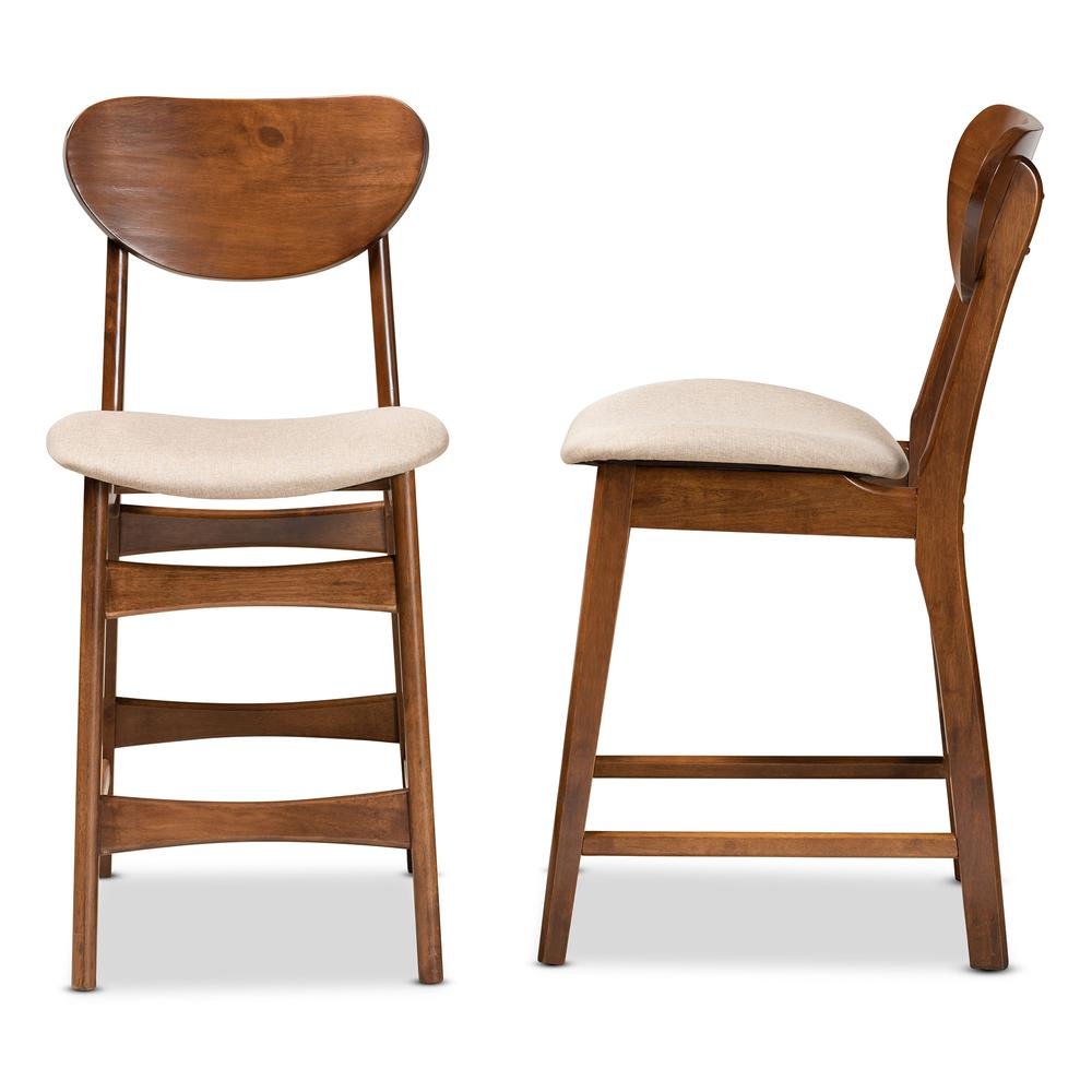 Sand Fabric Upholstered and Walnut Brown Finished Wood 2-Piece Counter Stool Set