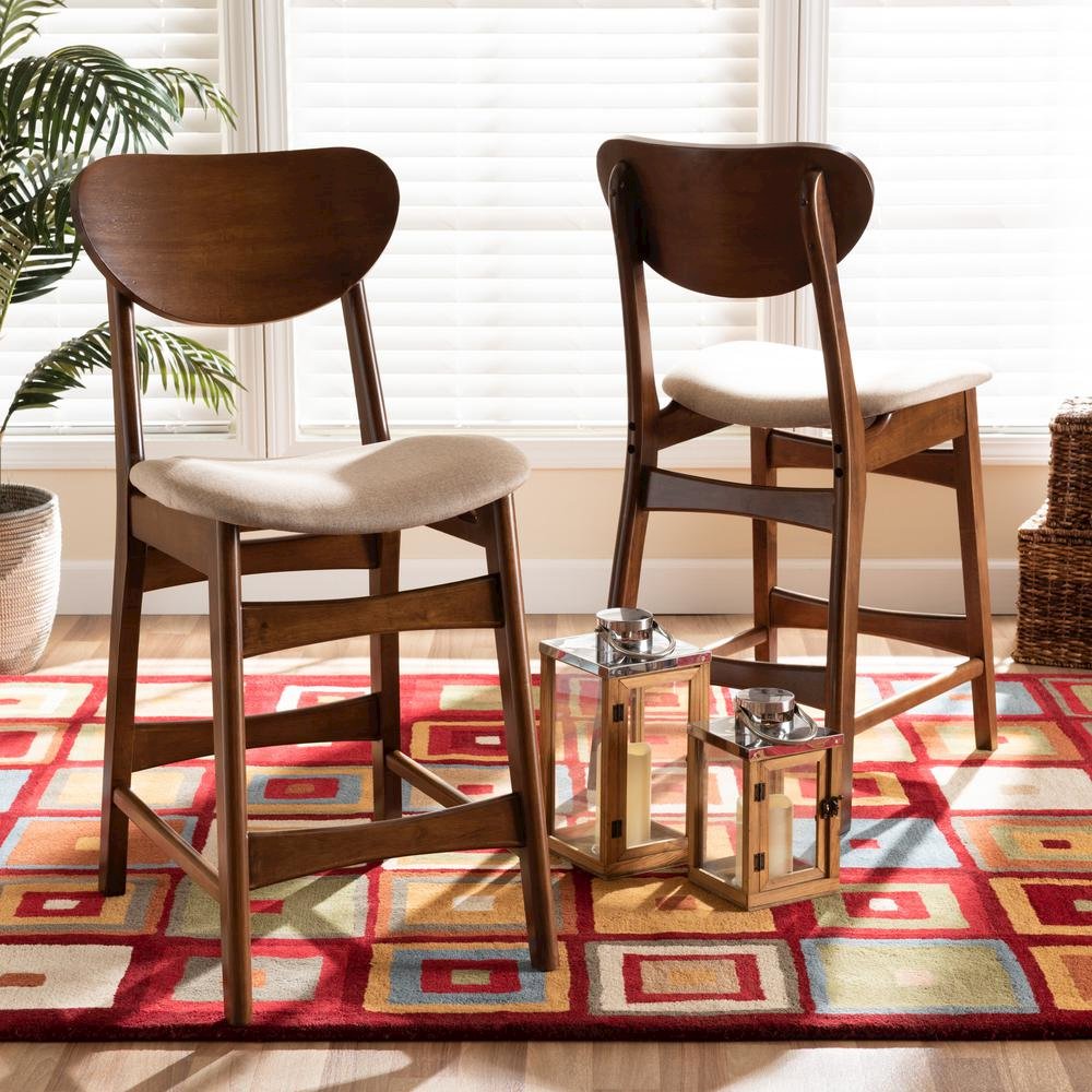 Sand Fabric Upholstered and Walnut Brown Finished Wood 2-Piece Counter Stool Set