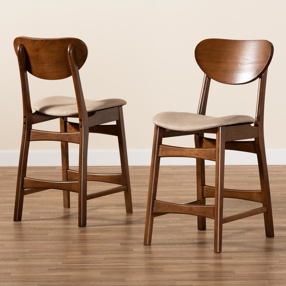 Sand Fabric Upholstered and Walnut Brown Finished Wood 2-Piece Counter Stool Set