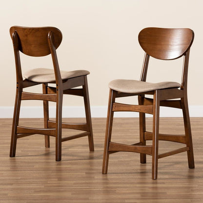 Sand Fabric Upholstered and Walnut Brown Finished Wood 2-Piece Counter Stool Set