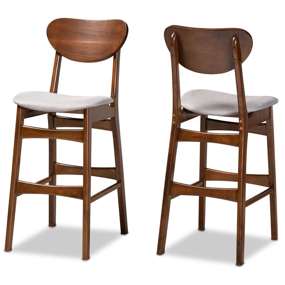 Grey Fabric Upholstered and Walnut Brown Finished Wood 2-Piece Bar Stool Set