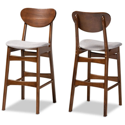 Grey Fabric Upholstered and Walnut Brown Finished Wood 2-Piece Bar Stool Set