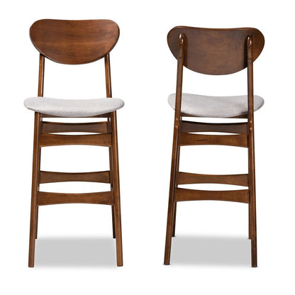 Grey Fabric Upholstered and Walnut Brown Finished Wood 2-Piece Bar Stool Set