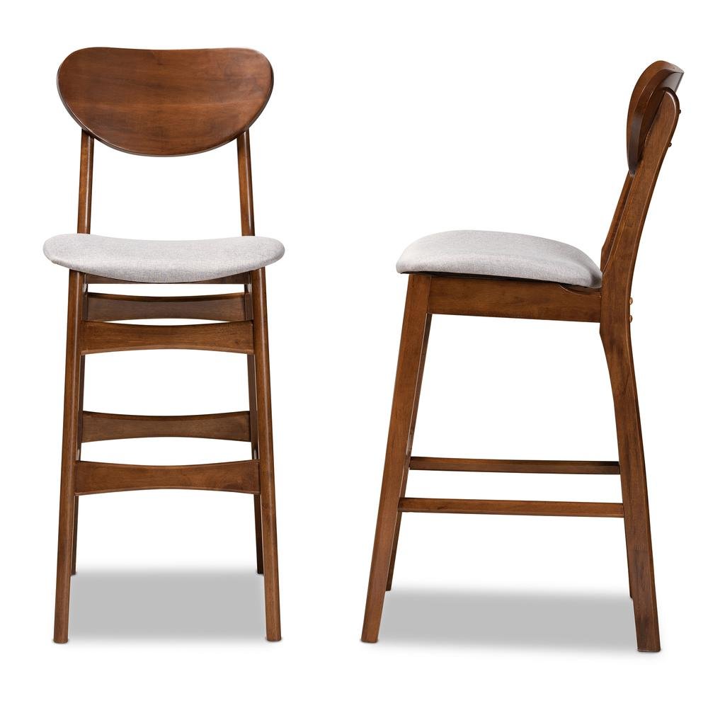 Grey Fabric Upholstered and Walnut Brown Finished Wood 2-Piece Bar Stool Set