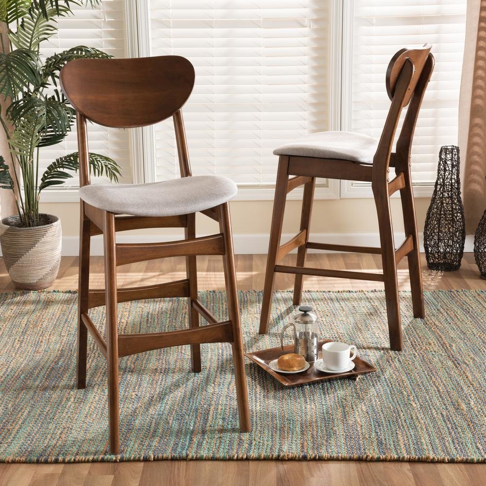 Grey Fabric Upholstered and Walnut Brown Finished Wood 2-Piece Bar Stool Set