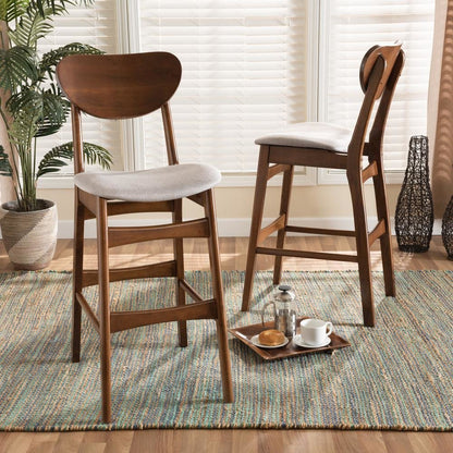 Grey Fabric Upholstered and Walnut Brown Finished Wood 2-Piece Bar Stool Set