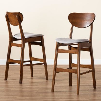 Grey Fabric Upholstered and Walnut Brown Finished Wood 2-Piece Bar Stool Set