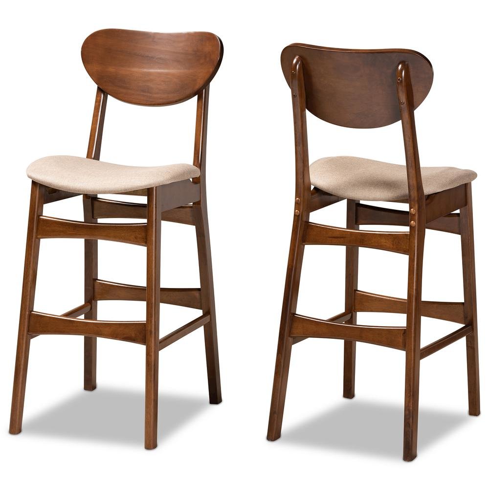 Sand Fabric Upholstered and Walnut Brown Finished Wood 2-Piece Bar Stool Set