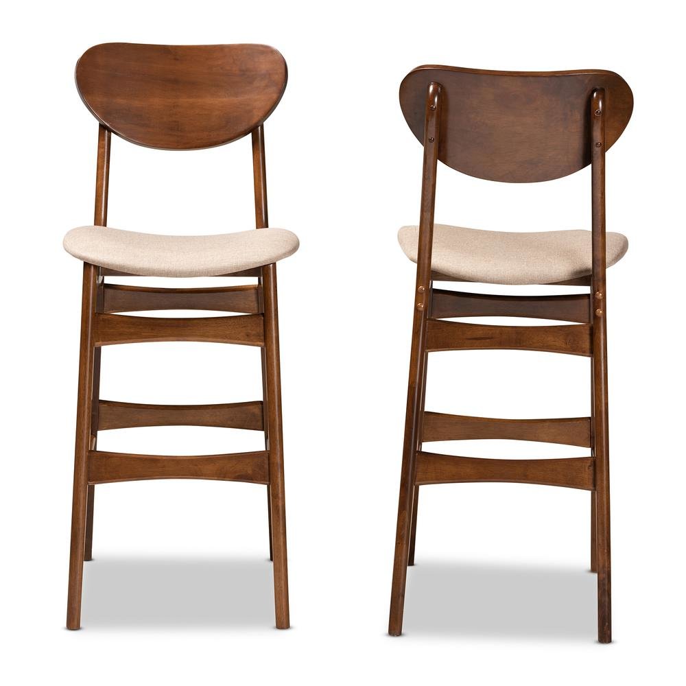 Sand Fabric Upholstered and Walnut Brown Finished Wood 2-Piece Bar Stool Set