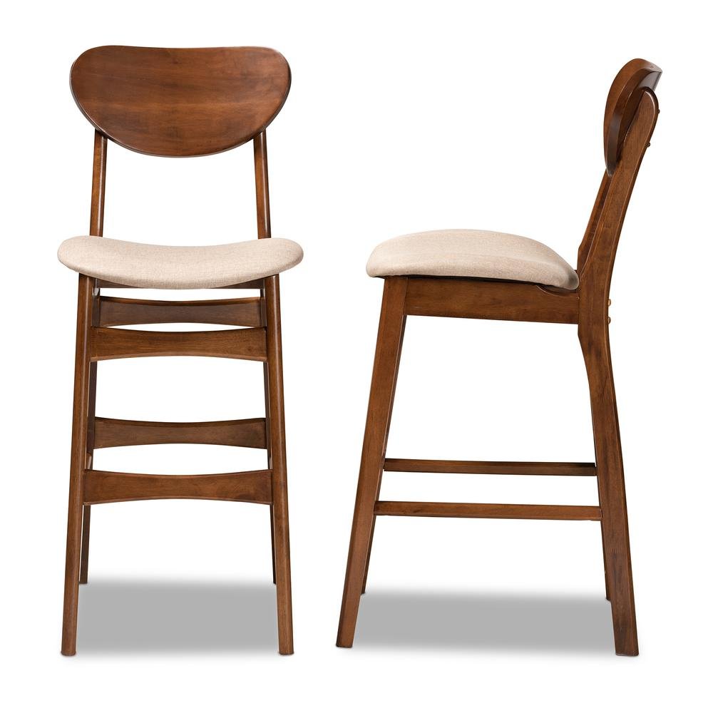 Sand Fabric Upholstered and Walnut Brown Finished Wood 2-Piece Bar Stool Set