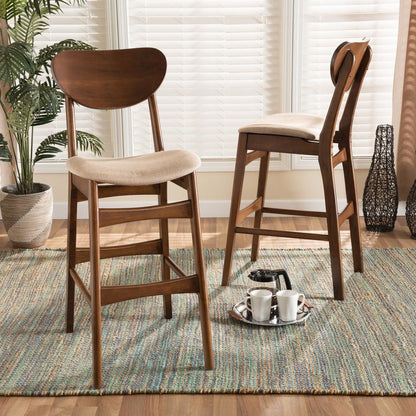 Sand Fabric Upholstered and Walnut Brown Finished Wood 2-Piece Bar Stool Set