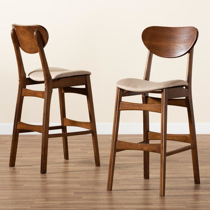 Sand Fabric Upholstered and Walnut Brown Finished Wood 2-Piece Bar Stool Set