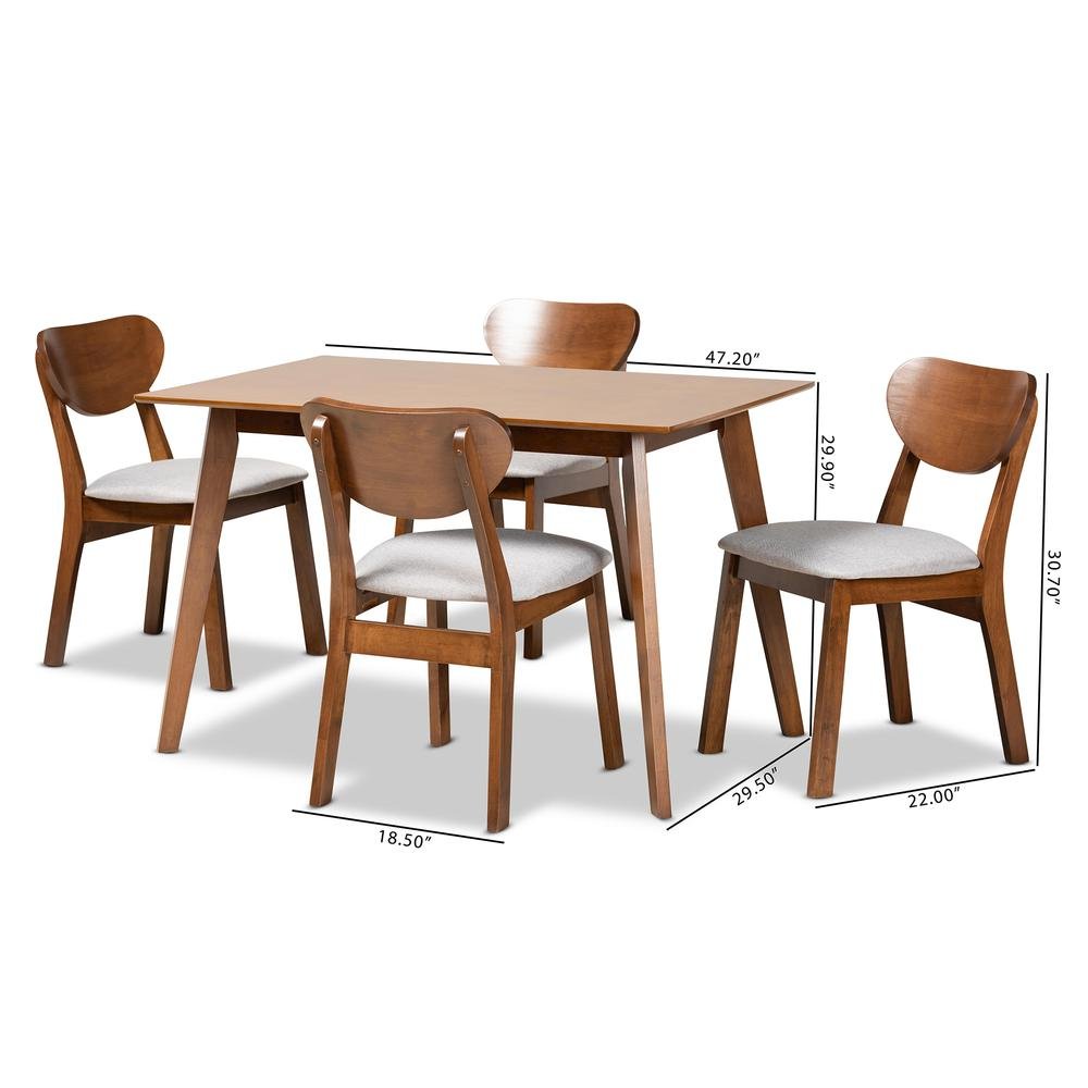 Grey Fabric Upholstered and Walnut Brown Finished Wood 5-Piece Dining Set